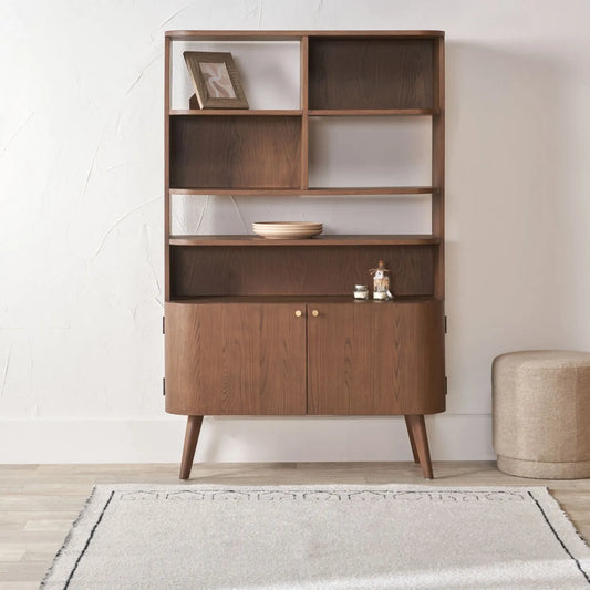 Scandinavian 2 Door Shelving & Storage Unit with Retro Curved Design in Dark Ash Wood & Veneer, Gold Handles and Open Niche Display Cabinet 166x105x40cm | Click Style