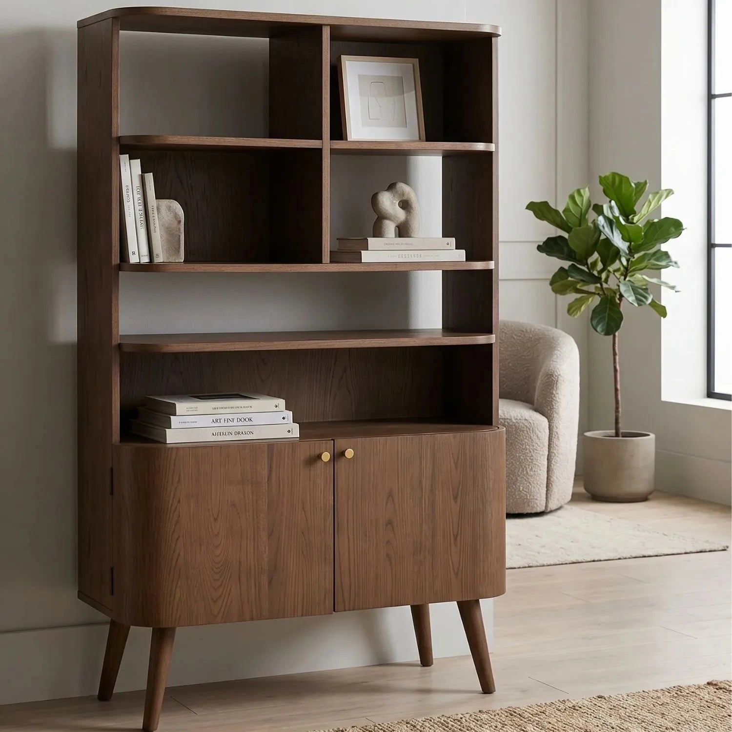 Scandinavian 2 Door Shelving & Storage Unit with Retro Curved Design, Dark Ash Wood & Veneer Finish, Open Niche Display Cabinet, Gold Handles for Living Room, Dining Room or Home Office 166x105x40cm | Click Style