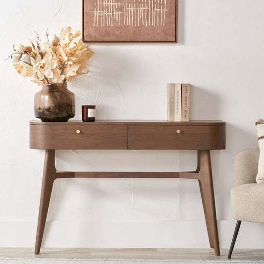 Scandinavian 2 Drawer Console Table in Dark Ash Wood with Curved Retro Design & Gold Handles 81x120x35cm | Click Style