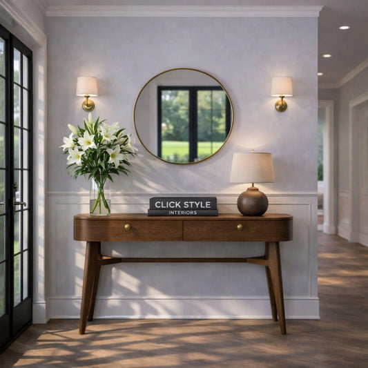 Scandinavian 2 Drawer Console Table in Dark Ash Wood with Curved Retro Design & Gold Handles 81x120x35cm | Click Style