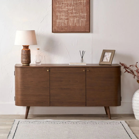 Scandinavian 3 Door Dark Ash Wood Sideboard with Retro Curved Design, Internal Shelves & Gold Handles 80x160x40cm | Click Style