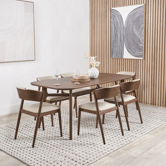 Scandinavian 6 Seater Dining Table and 6 Chairs Set with Solid Dark Ash Wood Rectangular Table and Curved Back Natural Linen Upholstered Dining Chairs 75x180x90cm | Click Style