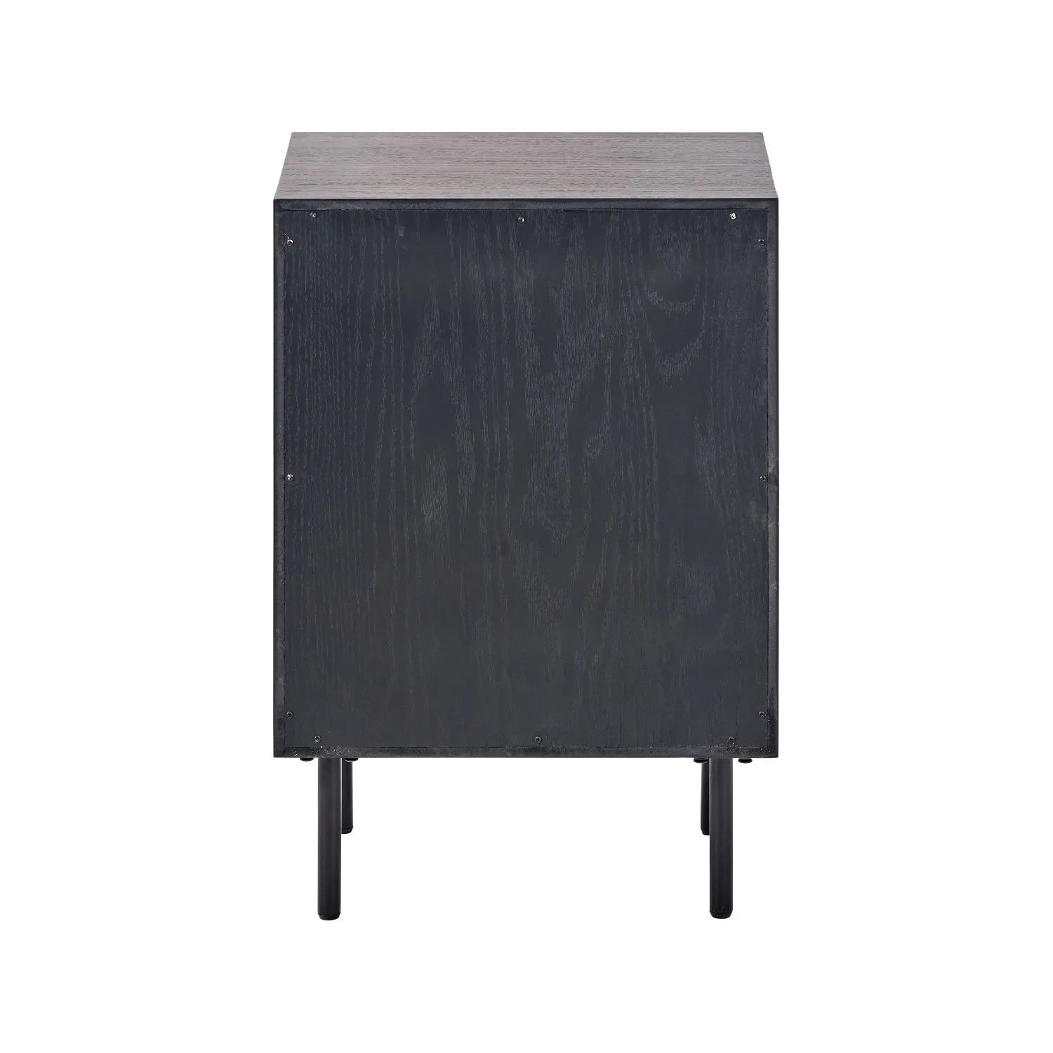 Scandinavian Two Tone Chevron Oak & Black 3 Drawer Side Table with Herringbone Oak Veneer Drawer Fronts, Black Wood Frame, Slim Metal Legs and Integrated Edge Pull Handles – Modern Wooden Bedside Table with 3 Drawer Storage for Living Rooms, Bedrooms & Hallways Back View 65x45x38cm | Click Style