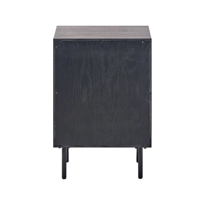 Scandinavian Two Tone Chevron Oak & Black 3 Drawer Side Table with Herringbone Oak Veneer Drawer Fronts, Black Wood Frame, Slim Metal Legs and Integrated Edge Pull Handles – Modern Wooden Bedside Table with 3 Drawer Storage for Living Rooms, Bedrooms & Hallways Back View 65x45x38cm | Click Style