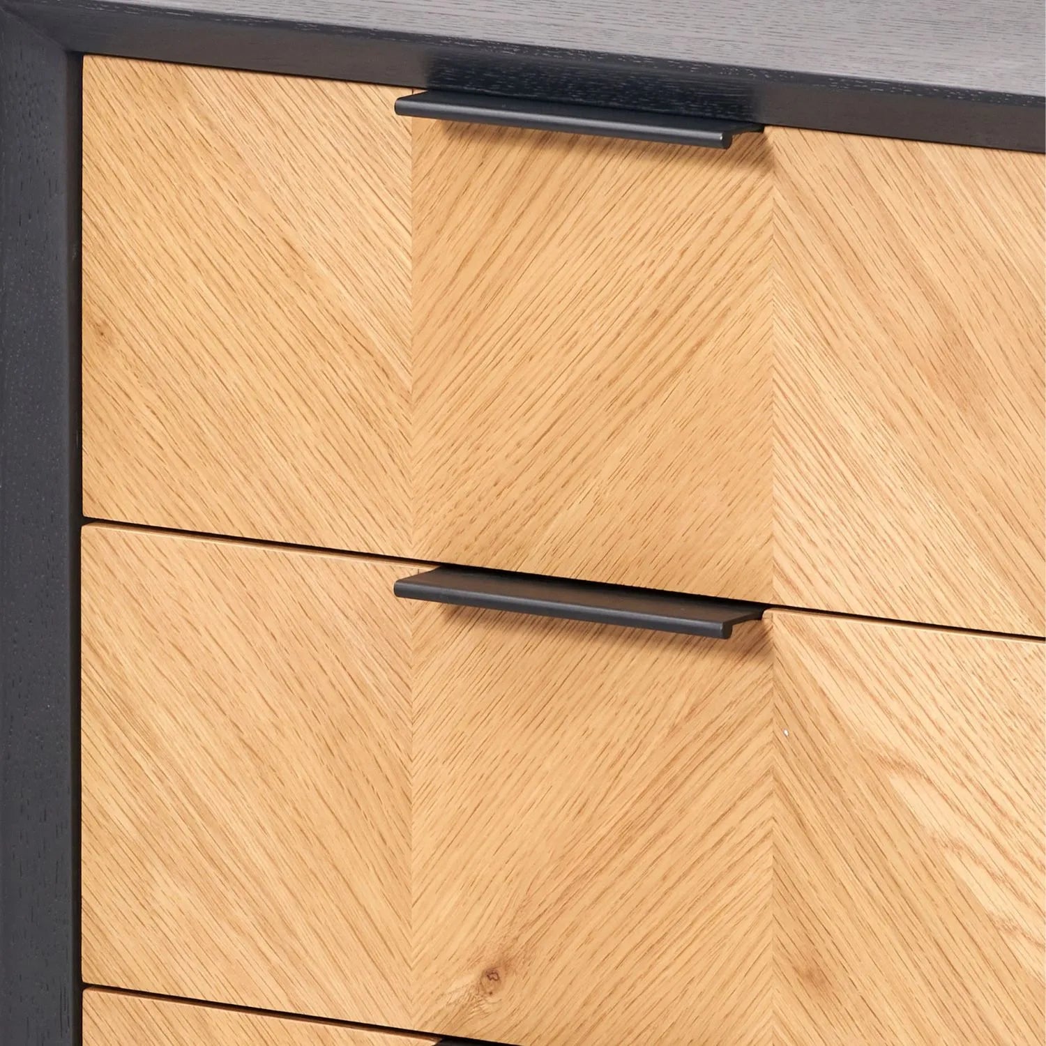 Scandinavian Two Tone Chevron Oak & Black 3 Drawer Side Table with Herringbone Oak Veneer Drawer Fronts, Black Wood Frame, Slim Metal Legs and Integrated Edge Pull Handles – Modern Wooden Bedside Table with 3 Drawer Storage for Living Rooms, Bedrooms & Hallways 65x45x38cm | Click Style