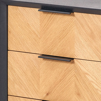 Scandinavian Two Tone Chevron Oak & Black 3 Drawer Side Table with Herringbone Oak Veneer Drawer Fronts, Black Wood Frame, Slim Metal Legs and Integrated Edge Pull Handles – Modern Wooden Bedside Table with 3 Drawer Storage for Living Rooms, Bedrooms & Hallways 65x45x38cm | Click Style