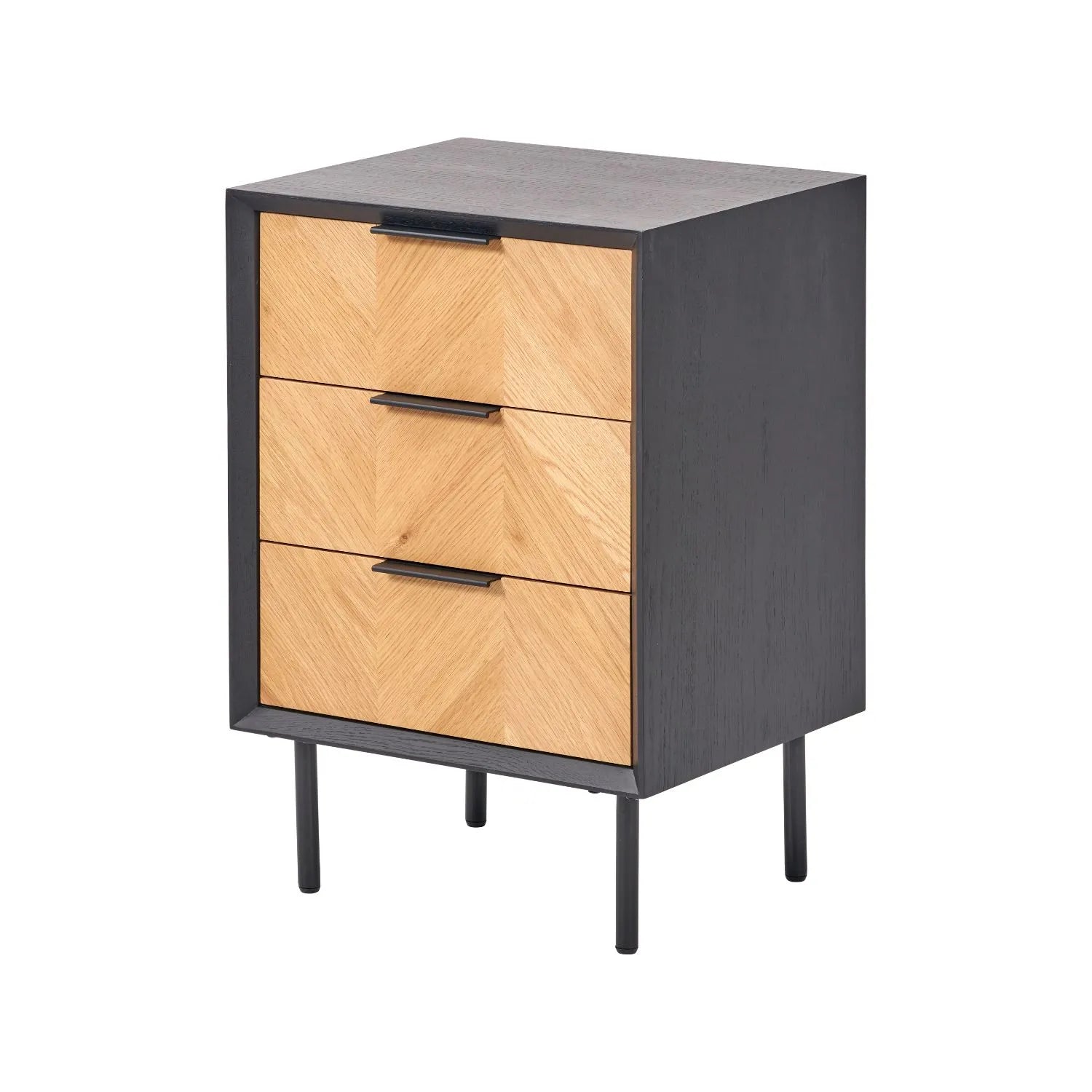 Scandinavian Two Tone Chevron Oak & Black 3 Drawer Side Table with Herringbone Oak Veneer Drawer Fronts, Black Wood Frame, Slim Metal Legs and Integrated Edge Pull Handles – Modern Wooden Bedside Table with 3 Drawer Storage for Living Rooms, Bedrooms & Hallways 65x45x38cm | Click Style