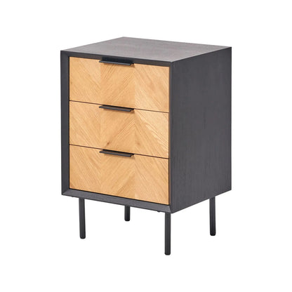 Scandinavian Two Tone Chevron Oak & Black 3 Drawer Side Table with Herringbone Oak Veneer Drawer Fronts, Black Wood Frame, Slim Metal Legs and Integrated Edge Pull Handles – Modern Wooden Bedside Table with 3 Drawer Storage for Living Rooms, Bedrooms & Hallways 65x45x38cm | Click Style