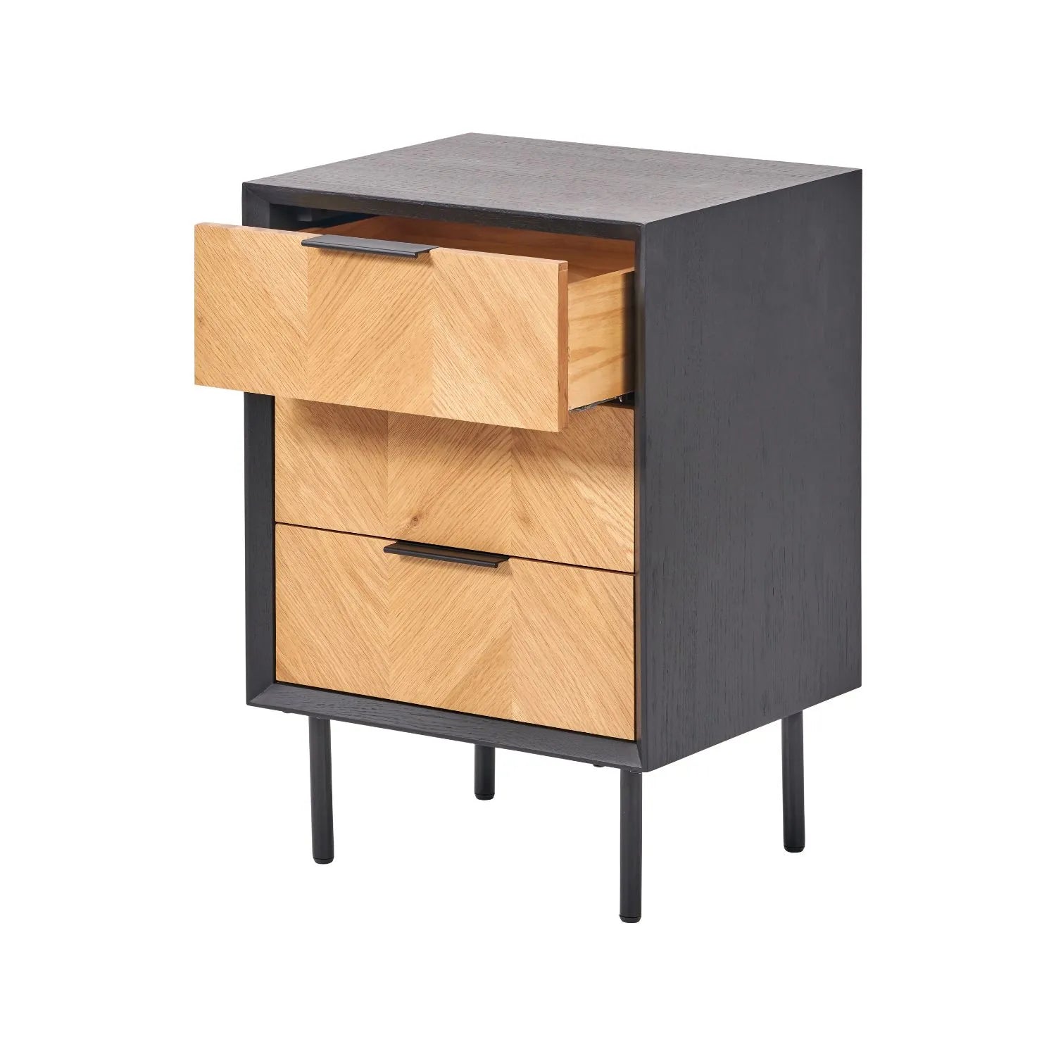 Scandinavian Two Tone Chevron Oak & Black 3 Drawer Side Table with Herringbone Oak Veneer Drawer Fronts, Black Wood Frame, Slim Metal Legs and Integrated Edge Pull Handles – Modern Wooden Bedside Table with 3 Drawer Storage for Living Rooms, Bedrooms & Hallways 65x45x38cm | Click Style