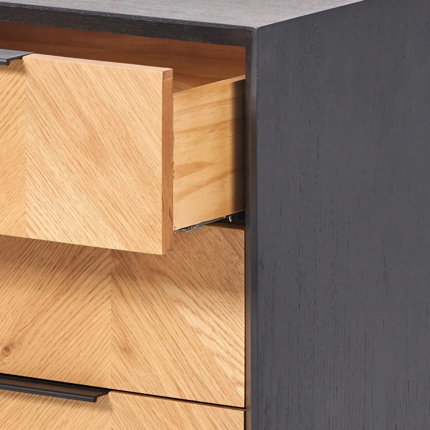 Scandinavian Two Tone Chevron Oak & Black 3 Drawer Side Table with Herringbone Oak Veneer Drawer Fronts, Black Wood Frame, Slim Metal Legs and Integrated Edge Pull Handles – Modern Wooden Bedside Table with 3 Drawer Storage for Living Rooms, Bedrooms & Hallways 65x45x38cm | Click Style