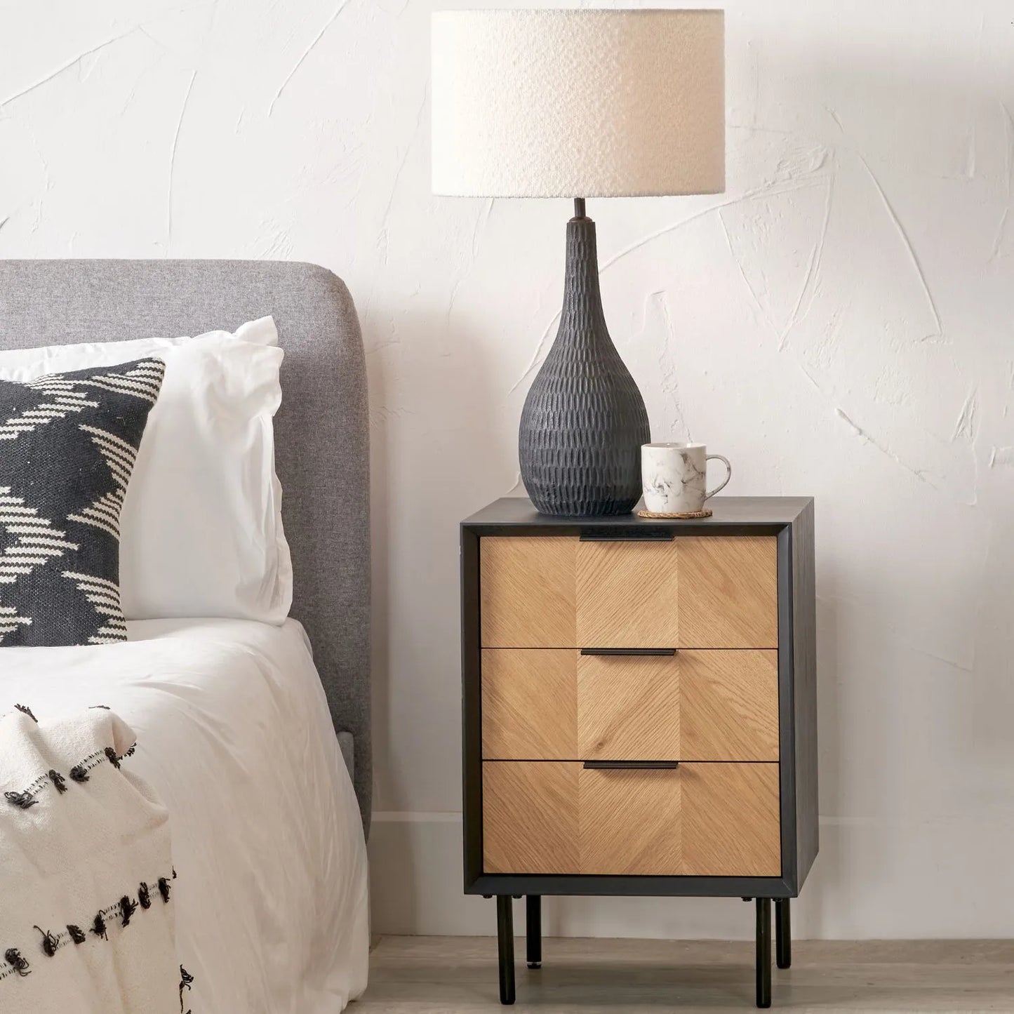 Scandinavian Two Tone Chevron Oak & Black 3 Drawer Side Table with Herringbone Oak Veneer Drawer Fronts, Black Wood Frame, Slim Metal Legs and Integrated Edge Pull Handles – Modern Wooden Bedside Table with 3 Drawer Storage for Living Rooms, Bedrooms & Hallways 65x45x38cm | Click Style