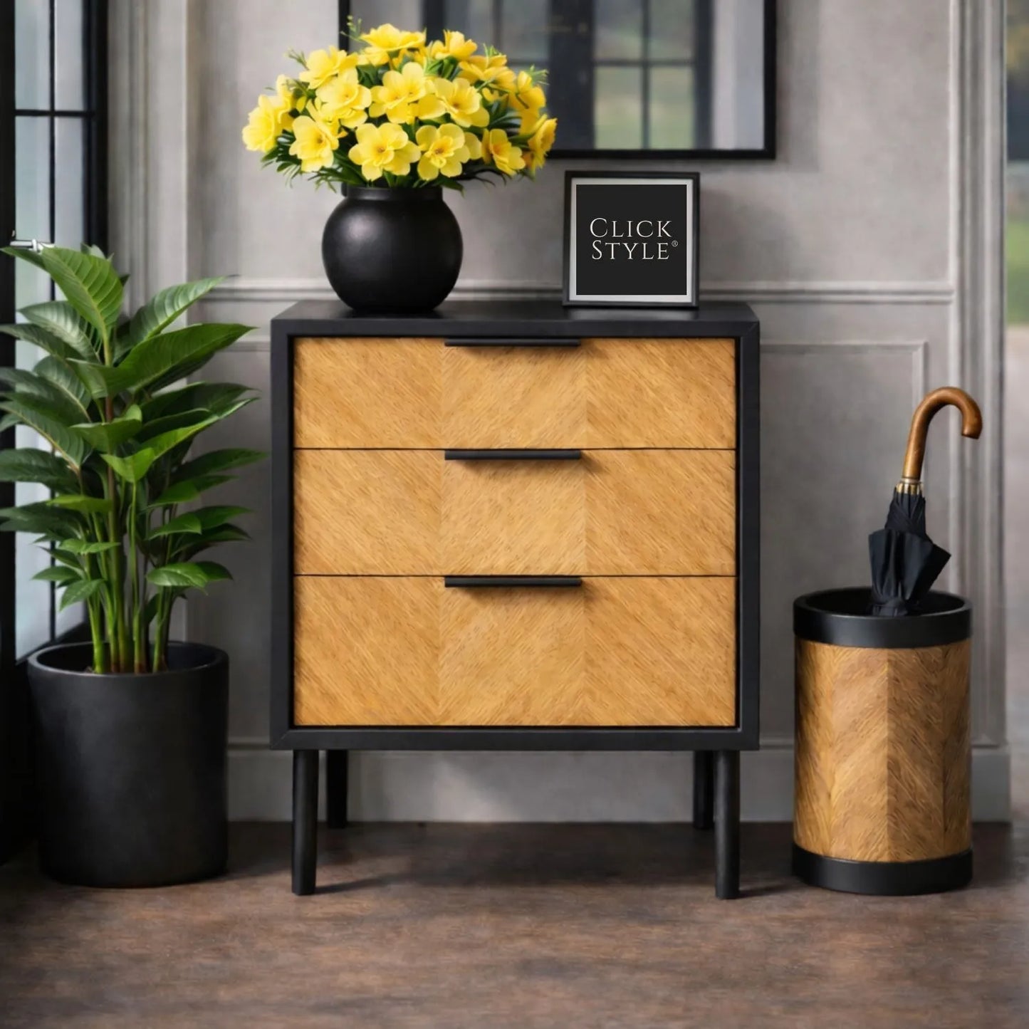 Scandinavian Two Tone Chevron Oak & Black 3 Drawer Side Table with Herringbone Oak Veneer Drawer Fronts, Black Wood Frame, Slim Metal Legs and Integrated Edge Pull Handles – Modern Wooden Bedside Table with 3 Drawer Storage for Living Rooms, Bedrooms & Hallways 65x45x38cm | Click Style