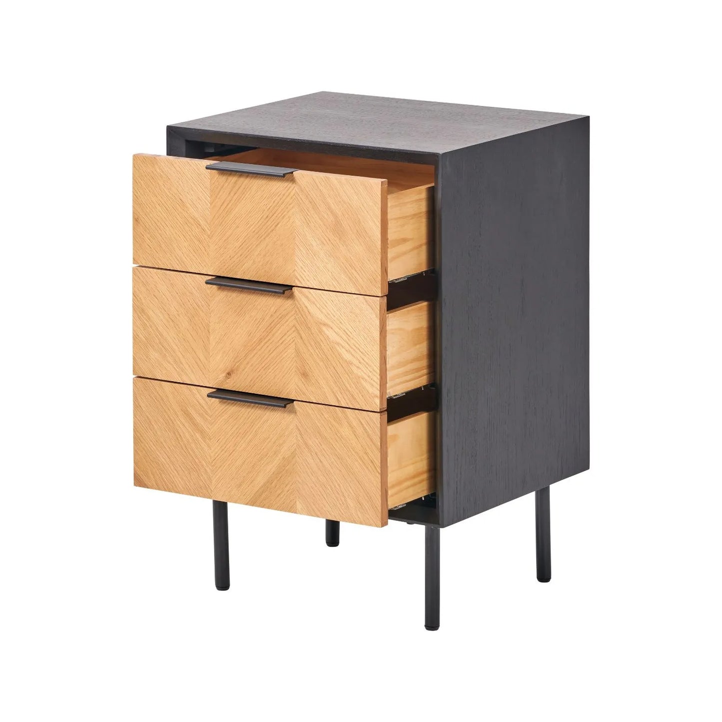 Scandinavian Two Tone Chevron Oak & Black 3 Drawer Side Table with Herringbone Oak Veneer Drawer Fronts, Black Wood Frame, Slim Metal Legs and Integrated Edge Pull Handles – Modern Wooden Bedside Table with 3 Drawer Storage for Living Rooms, Bedrooms & Hallways 65x45x38cm | Click Style