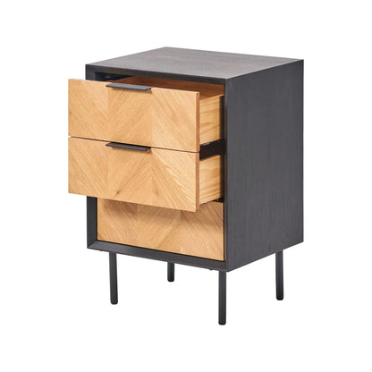 Scandinavian Two Tone Chevron Oak & Black 3 Drawer Side Table with Herringbone Oak Veneer Drawer Fronts, Black Wood Frame, Slim Metal Legs and Integrated Edge Pull Handles – Modern Wooden Bedside Table with 3 Drawer Storage for Living Rooms, Bedrooms & Hallways 65x45x38cm | Click Style