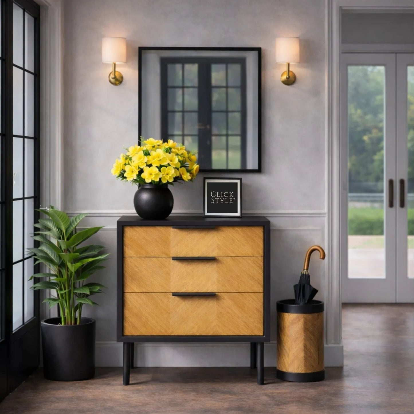 Scandinavian Two Tone Chevron Oak & Black 3 Drawer Side Table with Herringbone Oak Veneer Drawer Fronts, Black Wood Frame, Slim Metal Legs and Integrated Edge Pull Handles – Modern Wooden Bedside Table with 3 Drawer Storage for Living Rooms, Bedrooms & Hallways 65x45x38cm | Click Style