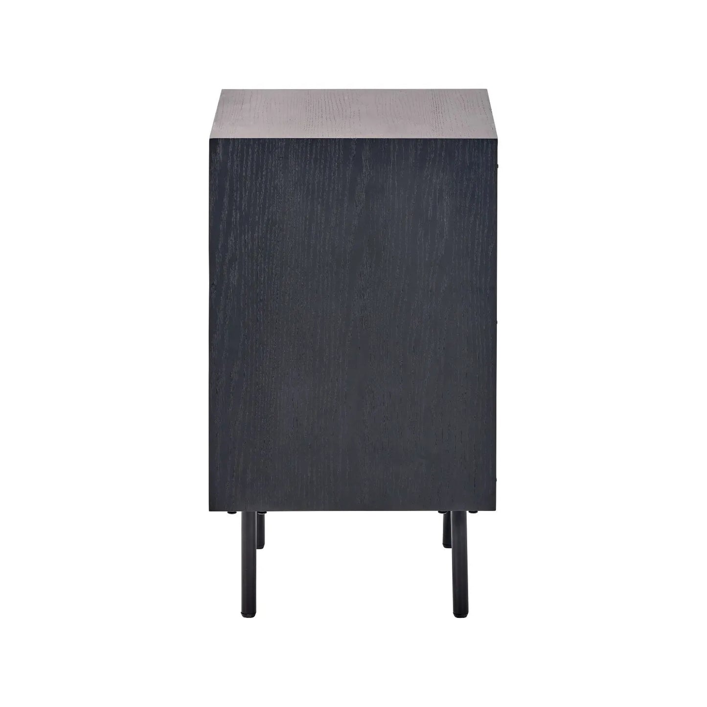 Scandinavian Two Tone Chevron Oak & Black 3 Drawer Side Table with Herringbone Oak Veneer Drawer Fronts, Black Wood Frame, Slim Metal Legs and Integrated Edge Pull Handles – Modern Wooden Bedside Table with 3 Drawer Storage for Living Rooms, Bedrooms & Hallways Side View 65x45x38cm | Click Style