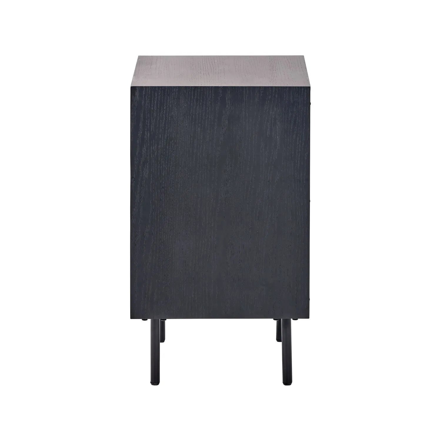 Scandinavian Two Tone Chevron Oak & Black 3 Drawer Side Table with Herringbone Oak Veneer Drawer Fronts, Black Wood Frame, Slim Metal Legs and Integrated Edge Pull Handles – Modern Wooden Bedside Table with 3 Drawer Storage for Living Rooms, Bedrooms & Hallways Side View 65x45x38cm | Click Style