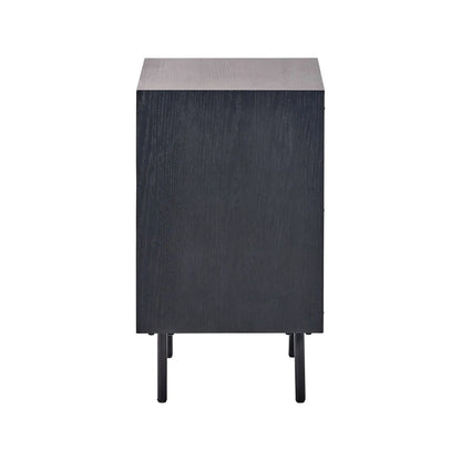 Scandinavian Two Tone Chevron Oak & Black 3 Drawer Side Table with Herringbone Oak Veneer Drawer Fronts, Black Wood Frame, Slim Metal Legs and Integrated Edge Pull Handles – Modern Wooden Bedside Table with 3 Drawer Storage for Living Rooms, Bedrooms & Hallways Side View 65x45x38cm | Click Style