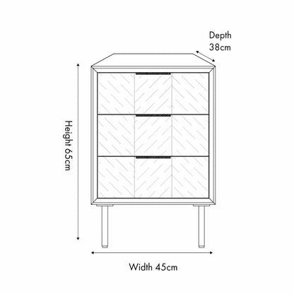 Scandinavian Two Tone Chevron Oak & Black 3 Drawer Side Table with Herringbone Oak Veneer Drawer Fronts, Black Wood Frame, Slim Metal Legs and Integrated Edge Pull Handles – Modern Wooden Bedside Table with 3 Drawer Storage for Living Rooms, Bedrooms & Hallways Dimensions 65x45x38cm | Click Style
