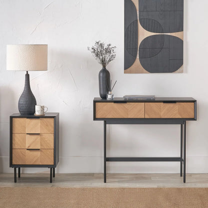 Scandinavian Two Tone Chevron Oak & Black 3 Drawer Side Table with Herringbone Oak Veneer Drawer Fronts, Black Wood Frame, Slim Metal Legs and Integrated Edge Pull Handles – Modern Wooden Bedside Table with 3 Drawer Storage for Living Rooms, Bedrooms & Hallways 65x45x38cm | Click Style