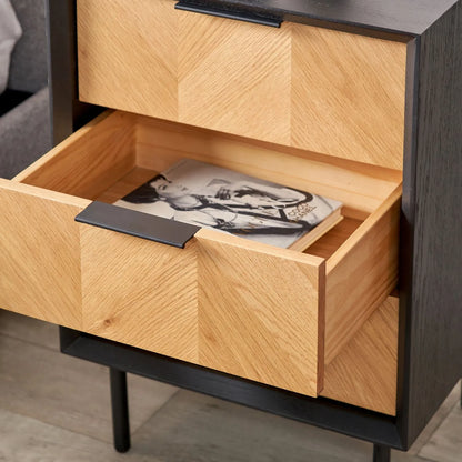 Scandinavian Two Tone Chevron Oak & Black 3 Drawer Side Table with Herringbone Oak Veneer Drawer Fronts, Black Wood Frame, Slim Metal Legs and Integrated Edge Pull Handles – Modern Wooden Bedside Table with 3 Drawer Storage for Living Rooms, Bedrooms & Hallways 65x45x38cm | Click Style