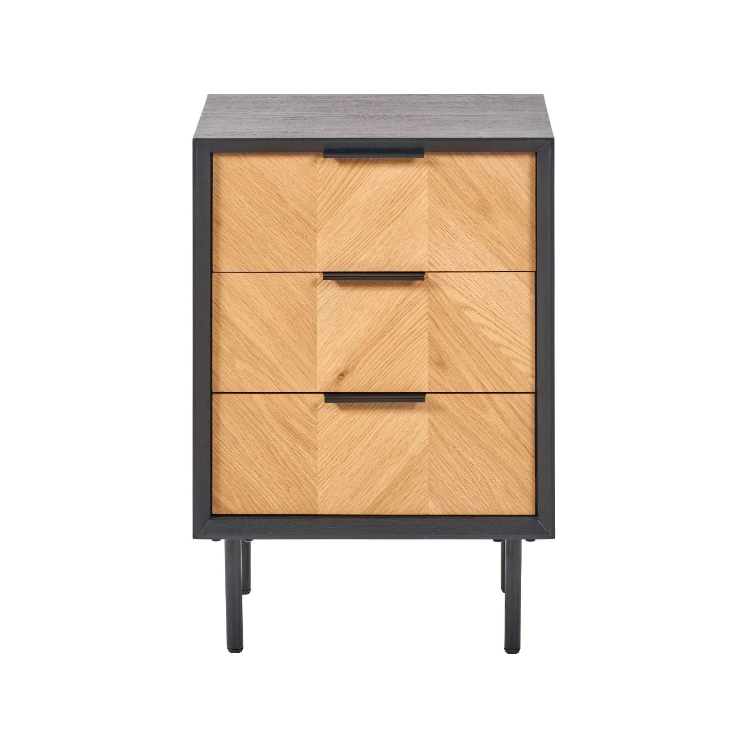 Scandinavian Two Tone Chevron Oak & Black 3 Drawer Side Table with Herringbone Oak Veneer Drawer Fronts, Black Wood Frame, Slim Metal Legs and Integrated Edge Pull Handles – Modern Wooden Bedside Table with 3 Drawer Storage for Living Rooms, Bedrooms & Hallways 65x45x38cm | Click Style