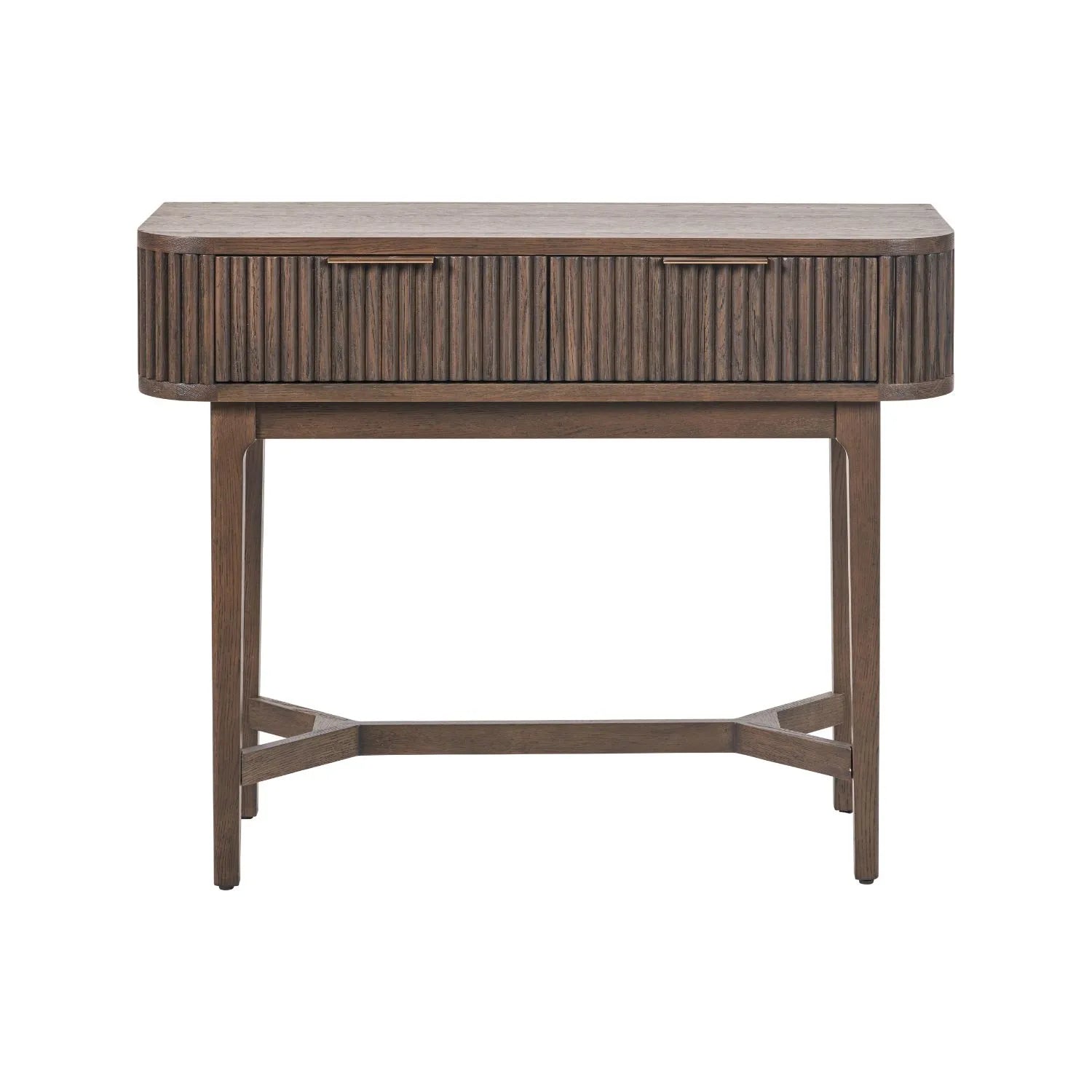 Scandinavian Retro Ribbed Dark Brown Oak 2 Drawer Console Table with Slim Gold Handles – Mid Century Style Fluted Wooden Hallway Console Table with Curved Edges, Ribbed Drawer Fronts, Storage Drawers and Tapered Legs 80x100x38cm | Click Style