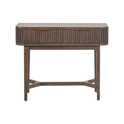Scandinavian Retro Ribbed Dark Brown Oak 2 Drawer Console Table with Slim Gold Handles – Mid Century Style Fluted Wooden Hallway Console Table with Curved Edges, Ribbed Drawer Fronts, Storage Drawers and Tapered Legs 80x100x38cm | Click Style