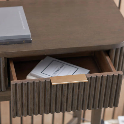 Scandinavian Retro Ribbed Dark Brown Oak 2 Drawer Console Table with Slim Gold Handles – Mid Century Style Fluted Wooden Hallway Console Table with Curved Edges, Ribbed Drawer Fronts, Storage Drawers and Tapered Legs 80x100x38cm | Click Style