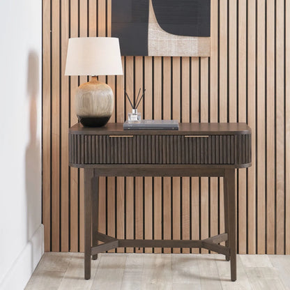 Scandinavian Retro Ribbed Dark Brown Oak 2 Drawer Console Table with Slim Gold Handles – Mid Century Style Fluted Wooden Hallway Console Table with Curved Edges, Ribbed Drawer Fronts, Storage Drawers and Tapered Legs 80x100x38cm | Click Style