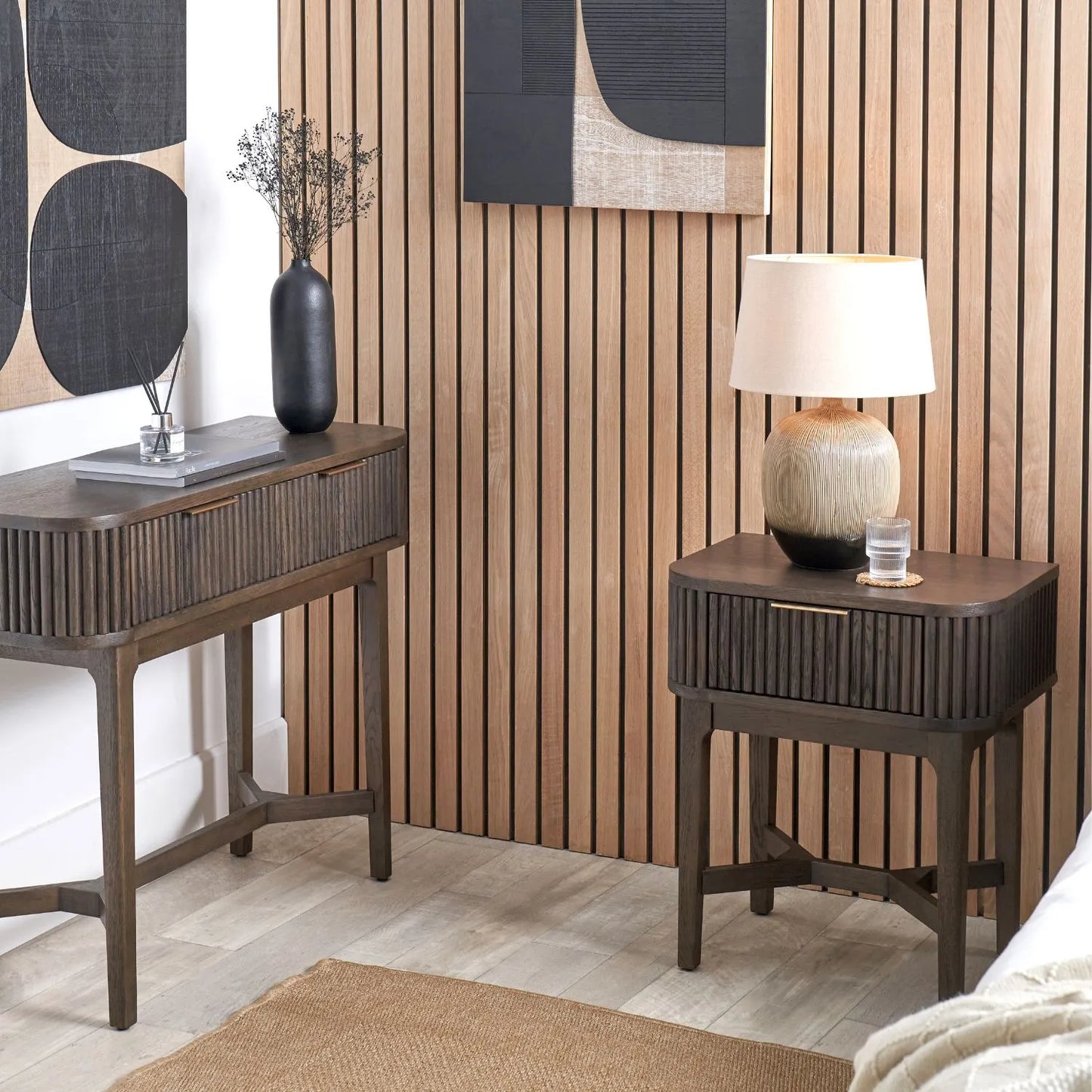 Scandinavian Retro Ribbed Dark Brown Oak 2 Drawer Console Table with Slim Gold Handles – Mid Century Style Fluted Wooden Hallway Console Table with Curved Edges, Ribbed Drawer Fronts, Storage Drawers and Tapered Legs 80x100x38cm | Click Style