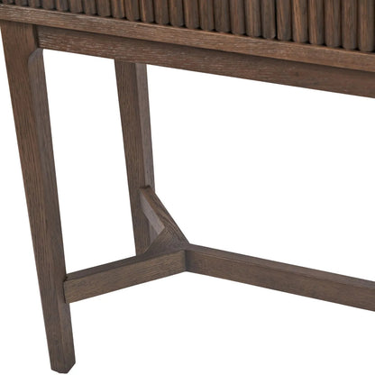 Scandinavian Retro Ribbed Dark Brown Oak 2 Drawer Console Table with Slim Gold Handles – Mid Century Style Fluted Wooden Hallway Console Table with Curved Edges, Ribbed Drawer Fronts, Storage Drawers and Tapered Legs 80x100x38cm | Click Style