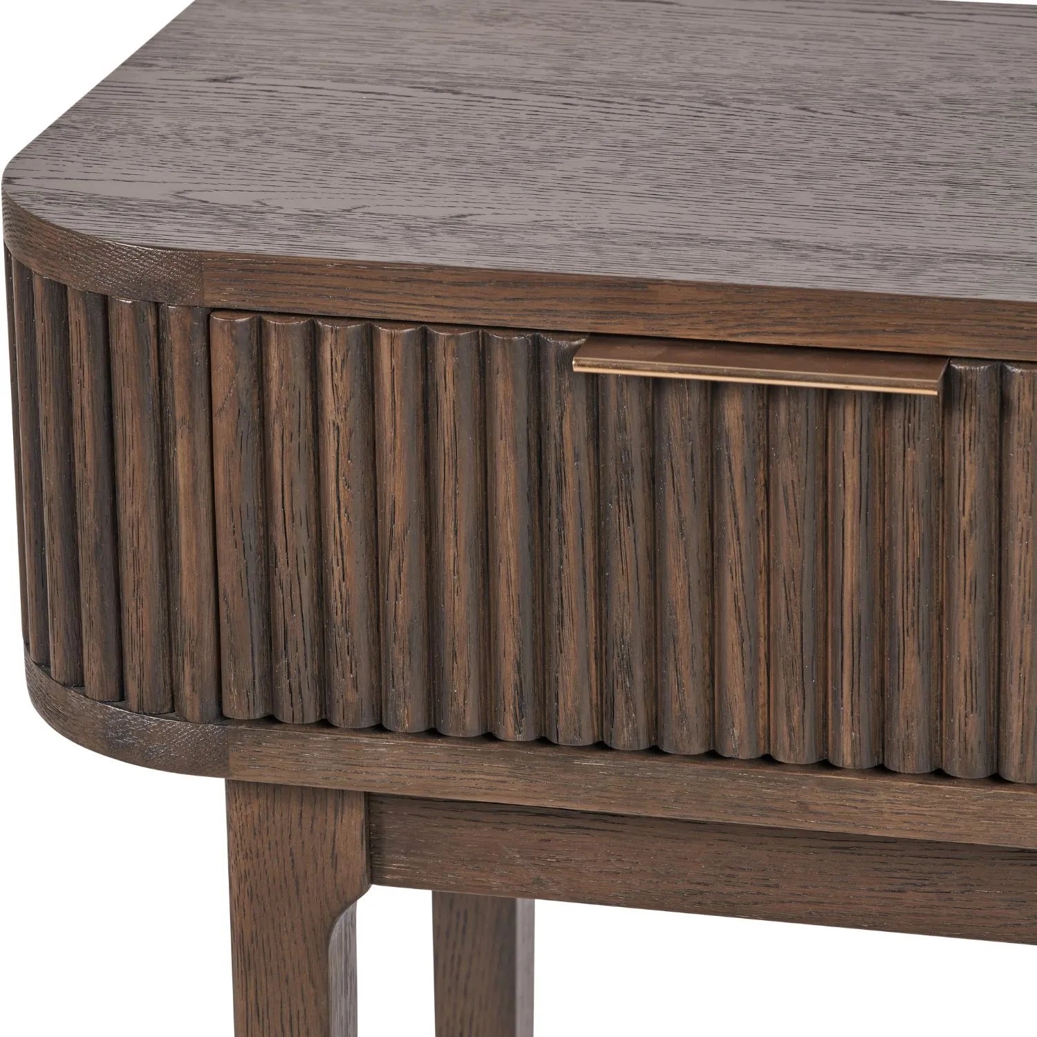 Scandinavian Retro Ribbed Dark Brown Oak 2 Drawer Console Table with Slim Gold Handles – Mid Century Style Fluted Wooden Hallway Console Table with Curved Edges, Ribbed Drawer Fronts, Storage Drawers and Tapered Legs 80x100x38cm | Click Style