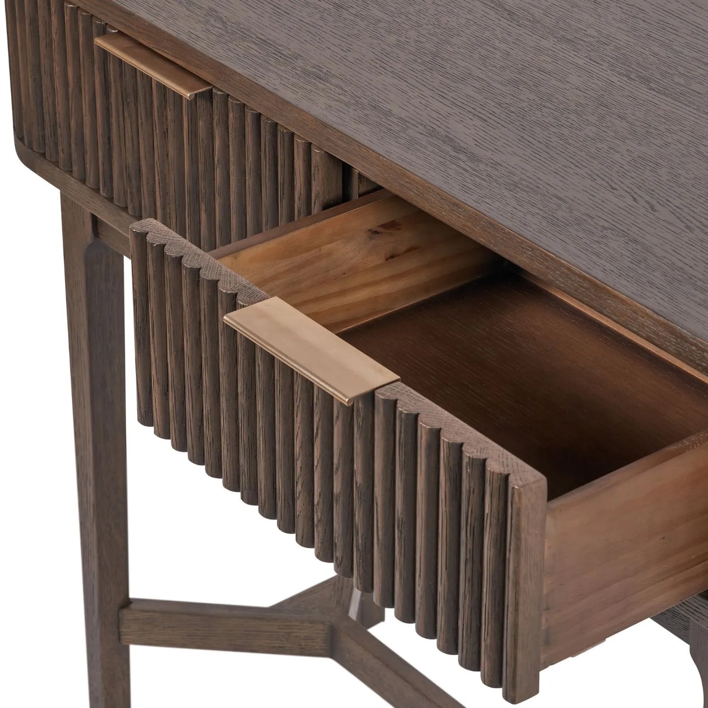 Scandinavian Retro Ribbed Dark Brown Oak 2 Drawer Console Table with Slim Gold Handles – Mid Century Style Fluted Wooden Hallway Console Table with Curved Edges, Ribbed Drawer Fronts, Storage Drawers and Tapered Legs 80x100x38cm | Click Style