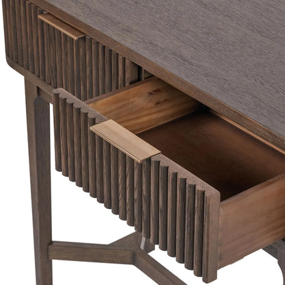 Scandinavian Retro Ribbed Dark Brown Oak 2 Drawer Console Table with Slim Gold Handles – Mid Century Style Fluted Wooden Hallway Console Table with Curved Edges, Ribbed Drawer Fronts, Storage Drawers and Tapered Legs 80x100x38cm | Click Style