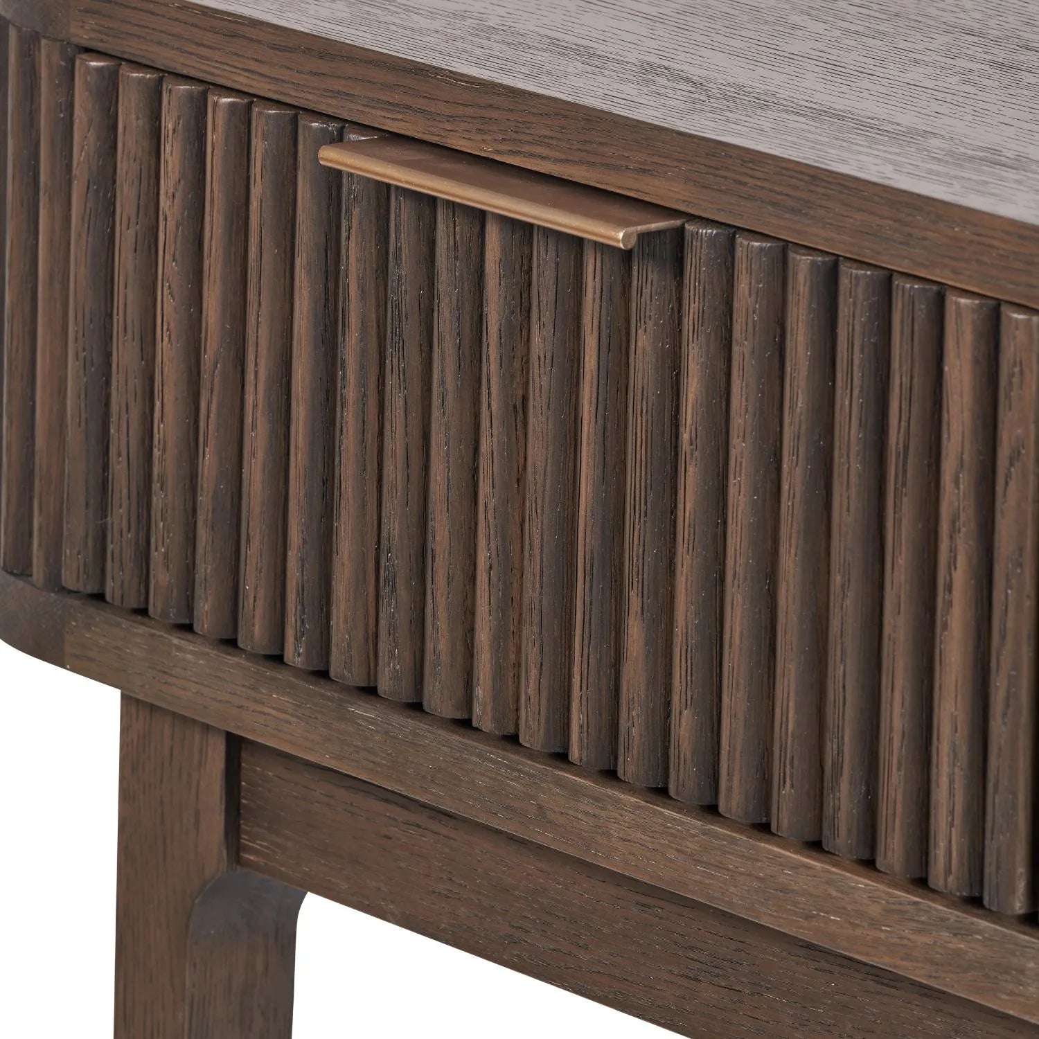 Scandinavian Retro Ribbed Dark Brown Oak 2 Drawer Console Table with Slim Gold Handles – Mid Century Style Fluted Wooden Hallway Console Table with Curved Edges, Ribbed Drawer Fronts, Storage Drawers and Tapered Legs 80x100x38cm | Click Style