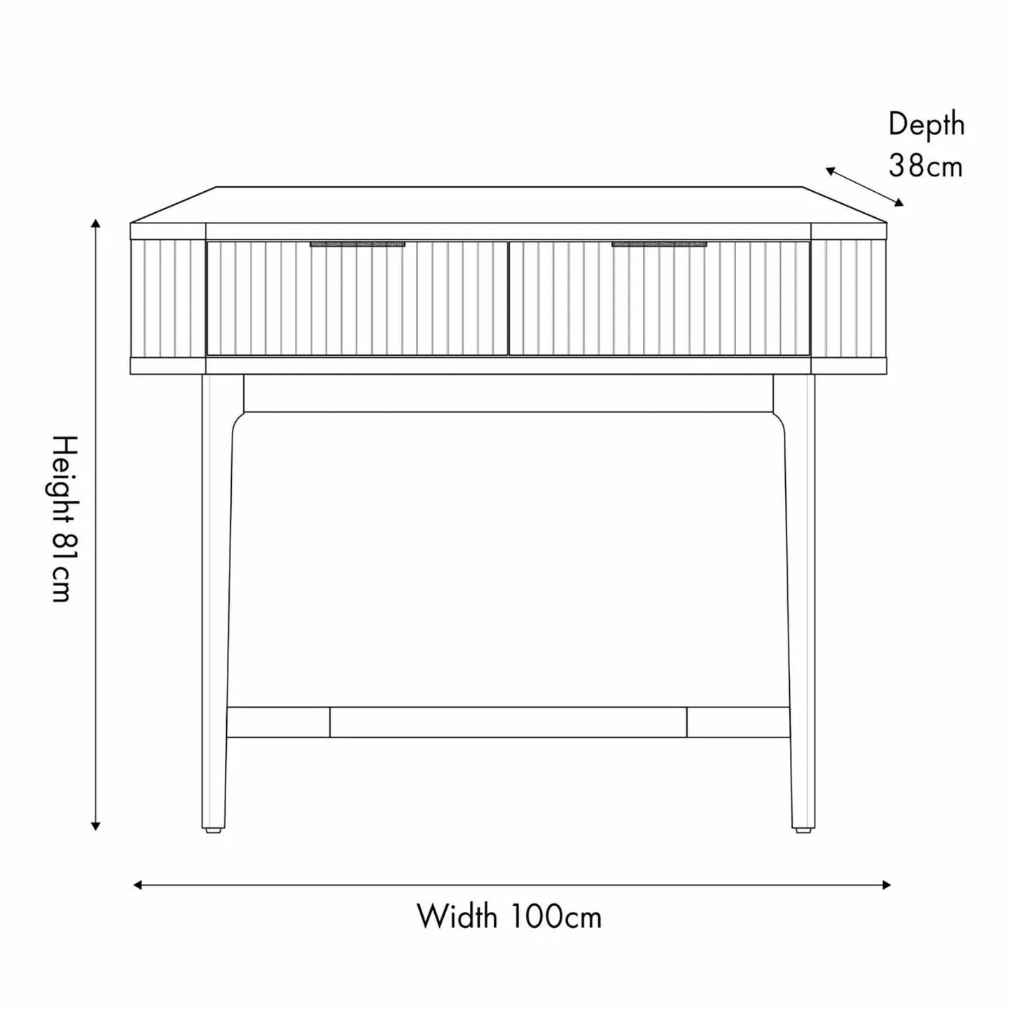 Scandinavian Retro Ribbed Dark Brown Oak 2 Drawer Console Table with Slim Gold Handles – Mid Century Style Fluted Wooden Hallway Console Table with Curved Edges, Ribbed Drawer Fronts, Storage Drawers and Tapered Legs Dimensions 80x100x38cm | Click Style