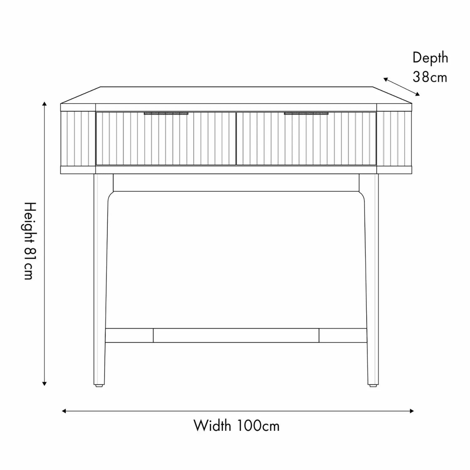 Scandinavian Retro Ribbed Dark Brown Oak 2 Drawer Console Table with Slim Gold Handles – Mid Century Style Fluted Wooden Hallway Console Table with Curved Edges, Ribbed Drawer Fronts, Storage Drawers and Tapered Legs Dimensions 80x100x38cm | Click Style