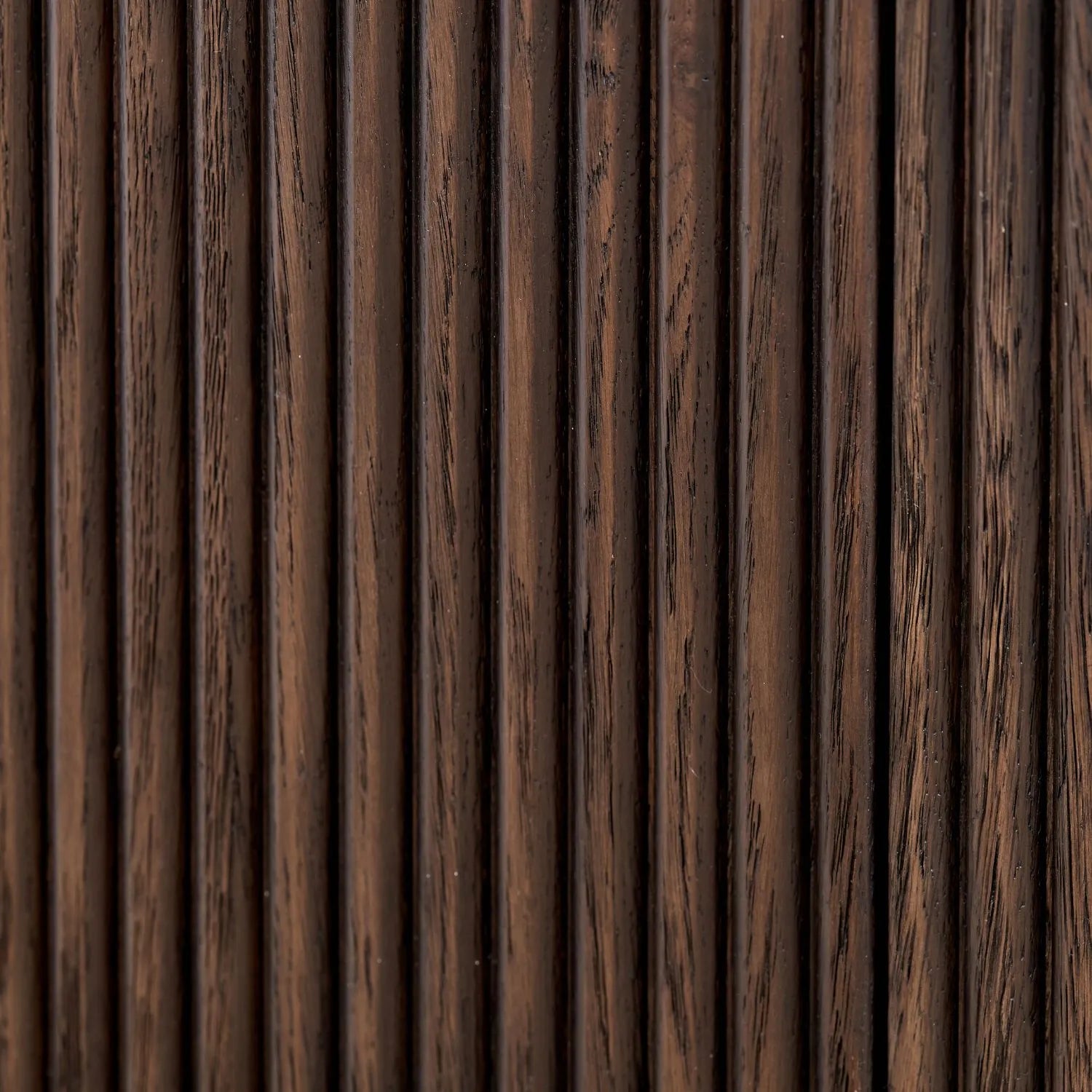 Scandinavian Retro Ribbed Dark Brown Oak 2 Drawer Console Table with Slim Gold Handles – Mid Century Style Fluted Wooden Hallway Console Table with Curved Edges, Ribbed Drawer Fronts, Storage Drawers and Tapered Legs 80x100x38cm | Click Style