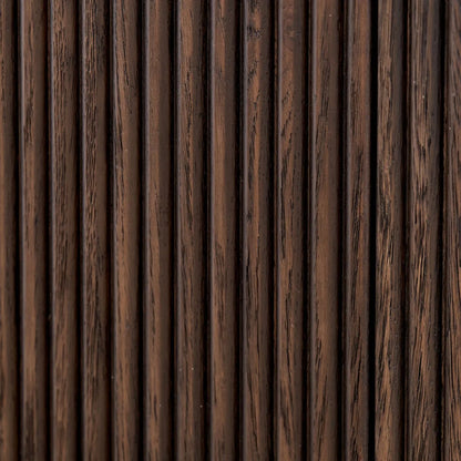 Scandinavian Retro Ribbed Dark Brown Oak 2 Drawer Console Table with Slim Gold Handles – Mid Century Style Fluted Wooden Hallway Console Table with Curved Edges, Ribbed Drawer Fronts, Storage Drawers and Tapered Legs 80x100x38cm | Click Style