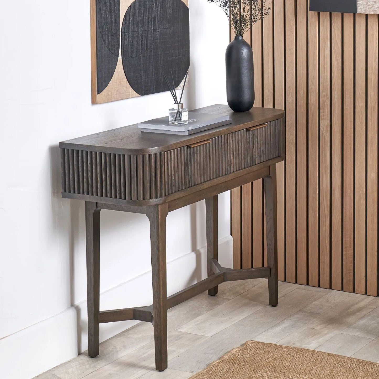 Scandinavian Retro Ribbed Dark Brown Oak 2 Drawer Console Table with Slim Gold Handles – Mid Century Style Fluted Wooden Hallway Console Table with Curved Edges, Ribbed Drawer Fronts, Storage Drawers and Tapered Legs 80x100x38cm | Click Style
