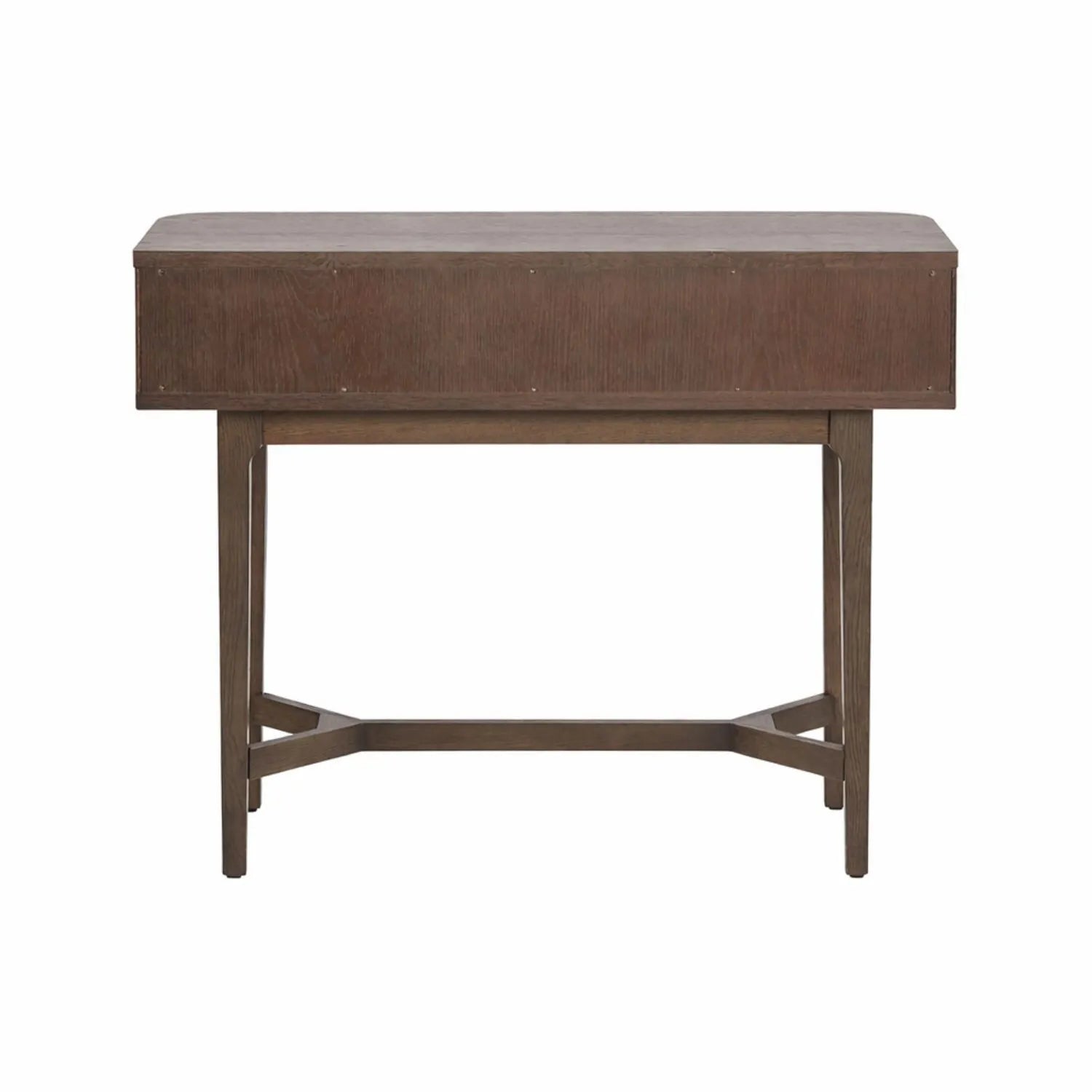 Scandinavian Retro Ribbed Dark Brown Oak 2 Drawer Console Table with Slim Gold Handles – Mid Century Style Fluted Wooden Hallway Console Table with Curved Edges, Ribbed Drawer Fronts, Storage Drawers and Tapered Legs Back View 80x100x38cm | Click Style