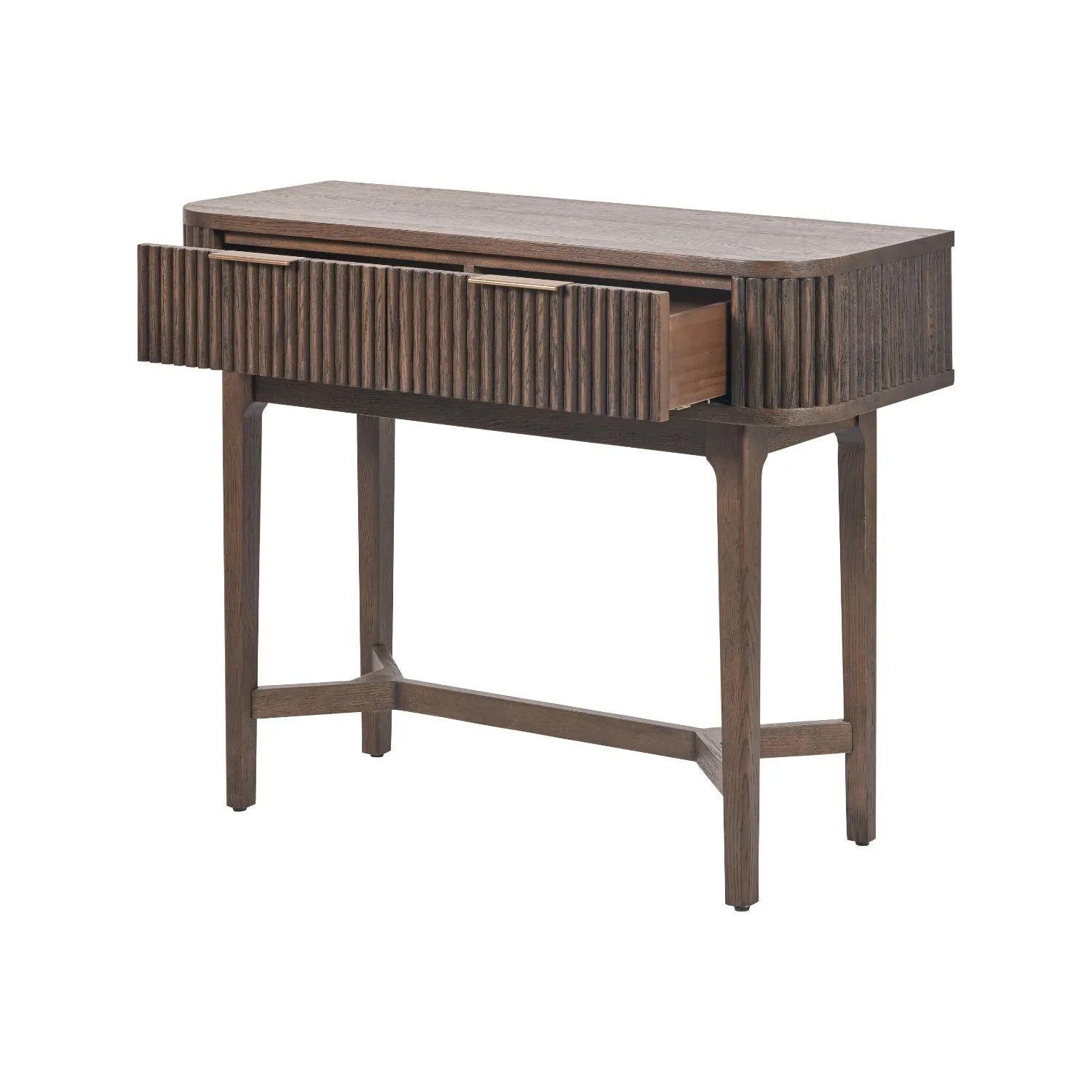 Scandinavian Retro Ribbed Dark Brown Oak 2 Drawer Console Table with Slim Gold Handles – Mid Century Style Fluted Wooden Hallway Console Table with Curved Edges, Ribbed Drawer Fronts, Storage Drawers and Tapered Legs 80x100x38cm | Click Style