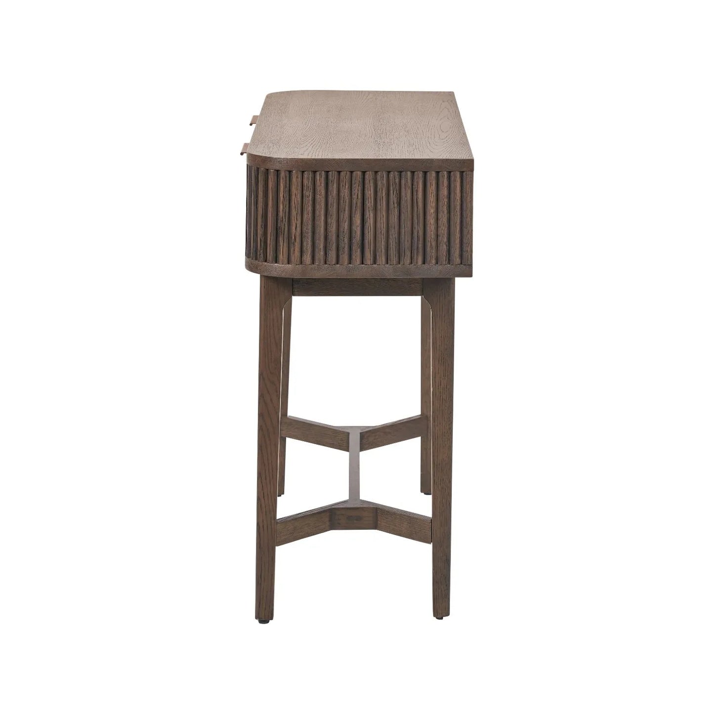Scandinavian Retro Ribbed Dark Brown Oak 2 Drawer Console Table with Slim Gold Handles – Mid Century Style Fluted Wooden Hallway Console Table with Curved Edges, Ribbed Drawer Fronts, Storage Drawers and Tapered Legs Side View 80x100x38cm | Click Style
