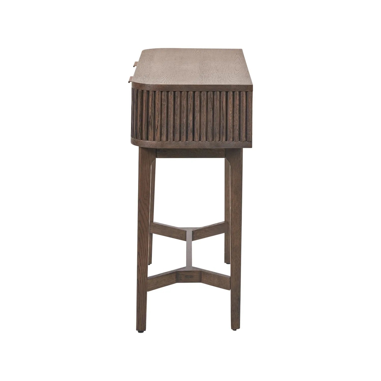 Scandinavian Retro Ribbed Dark Brown Oak 2 Drawer Console Table with Slim Gold Handles – Mid Century Style Fluted Wooden Hallway Console Table with Curved Edges, Ribbed Drawer Fronts, Storage Drawers and Tapered Legs Side View 80x100x38cm | Click Style