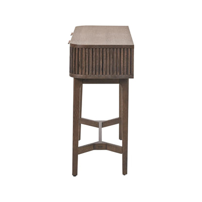 Scandinavian Retro Ribbed Dark Brown Oak 2 Drawer Console Table with Slim Gold Handles – Mid Century Style Fluted Wooden Hallway Console Table with Curved Edges, Ribbed Drawer Fronts, Storage Drawers and Tapered Legs Side View 80x100x38cm | Click Style