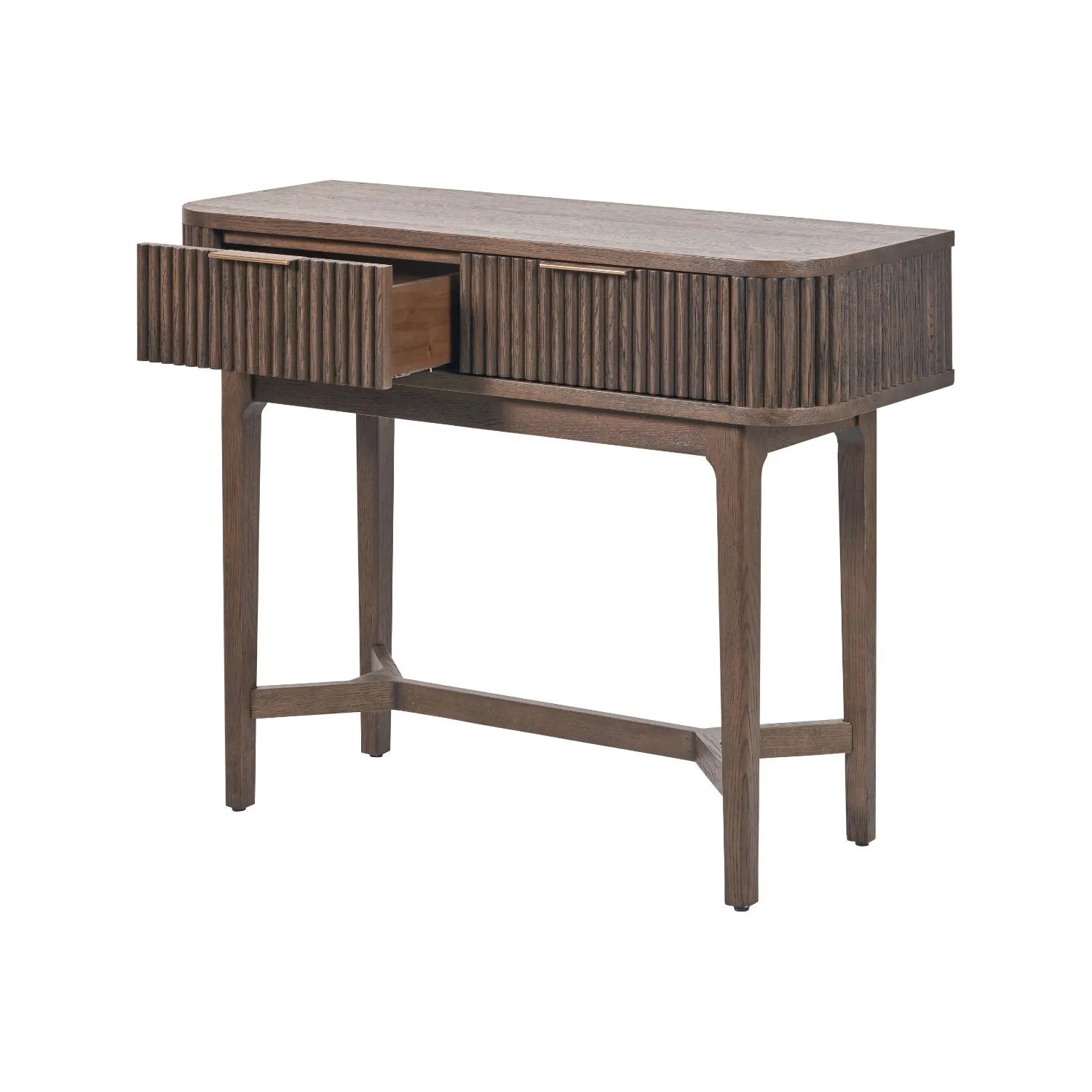 Scandinavian Retro Ribbed Dark Brown Oak 2 Drawer Console Table with Slim Gold Handles – Mid Century Style Fluted Wooden Hallway Console Table with Curved Edges, Ribbed Drawer Fronts, Storage Drawers and Tapered Legs 80x100x38cm | Click Style