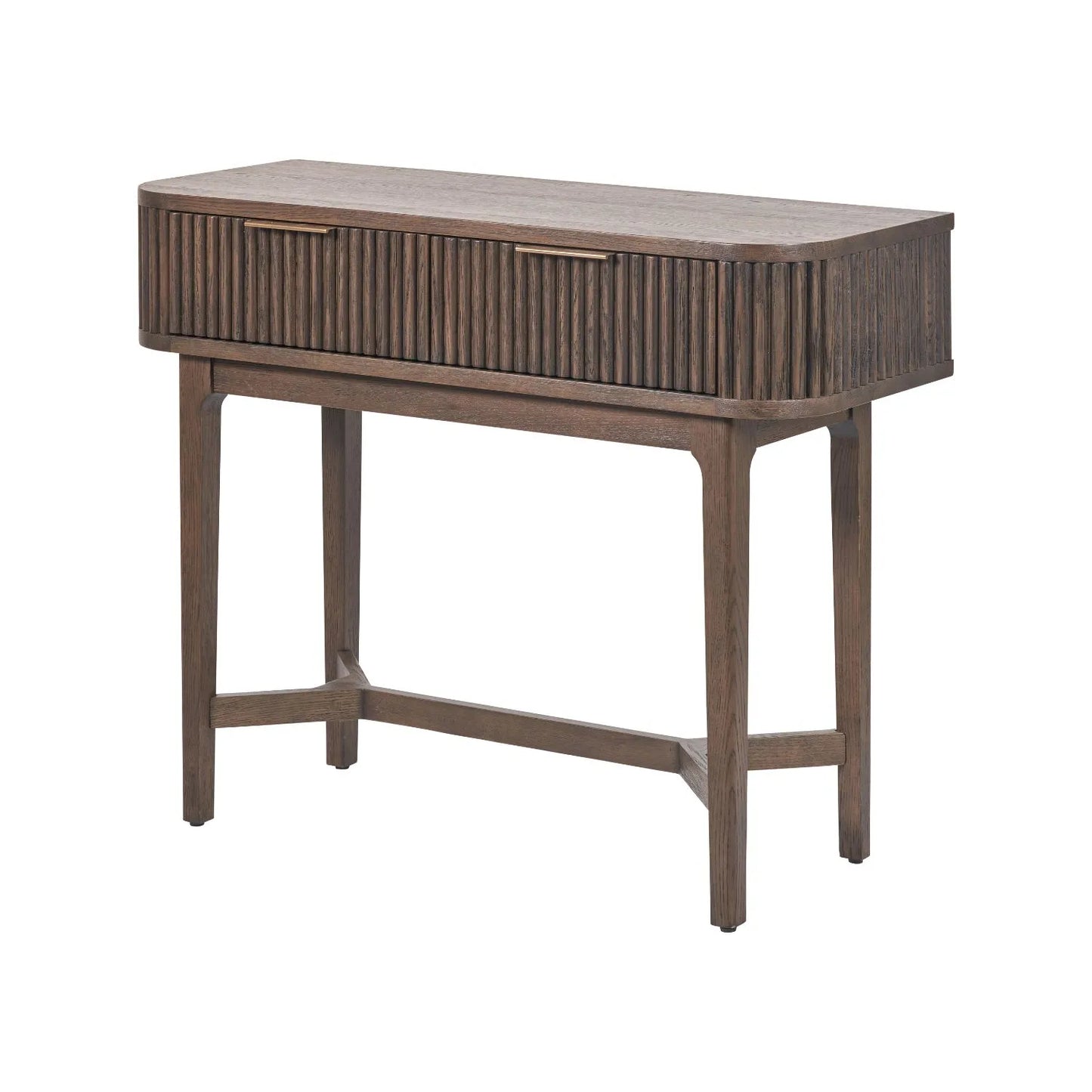 Scandinavian Retro Ribbed Dark Brown Oak 2 Drawer Console Table with Slim Gold Handles – Mid Century Style Fluted Wooden Hallway Console Table with Curved Edges, Ribbed Drawer Fronts, Storage Drawers and Tapered Legs 80x100x38cm | Click Style