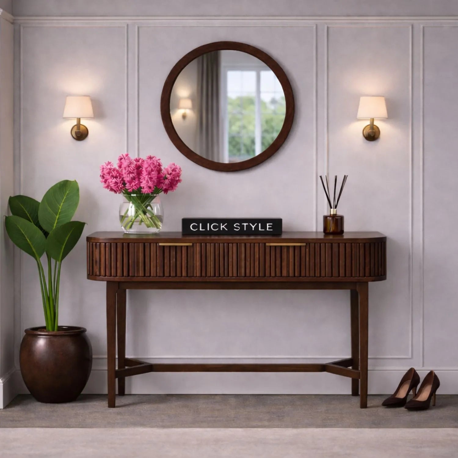Scandinavian Retro Ribbed Dark Brown Oak 2 Drawer Console Table with Slim Gold Handles – Mid Century Style Fluted Wooden Hallway Console Table with Curved Edges, Ribbed Drawer Fronts, Storage Drawers and Tapered Legs 80x100x38cm | Click Style