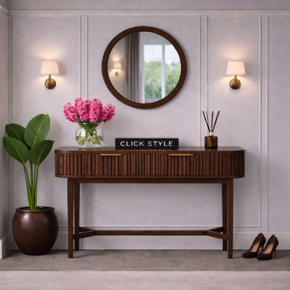 Scandinavian Retro Ribbed Dark Brown Oak 2 Drawer Console Table with Slim Gold Handles – Mid Century Style Fluted Wooden Hallway Console Table with Curved Edges, Ribbed Drawer Fronts, Storage Drawers and Tapered Legs 80x100x38cm | Click Style